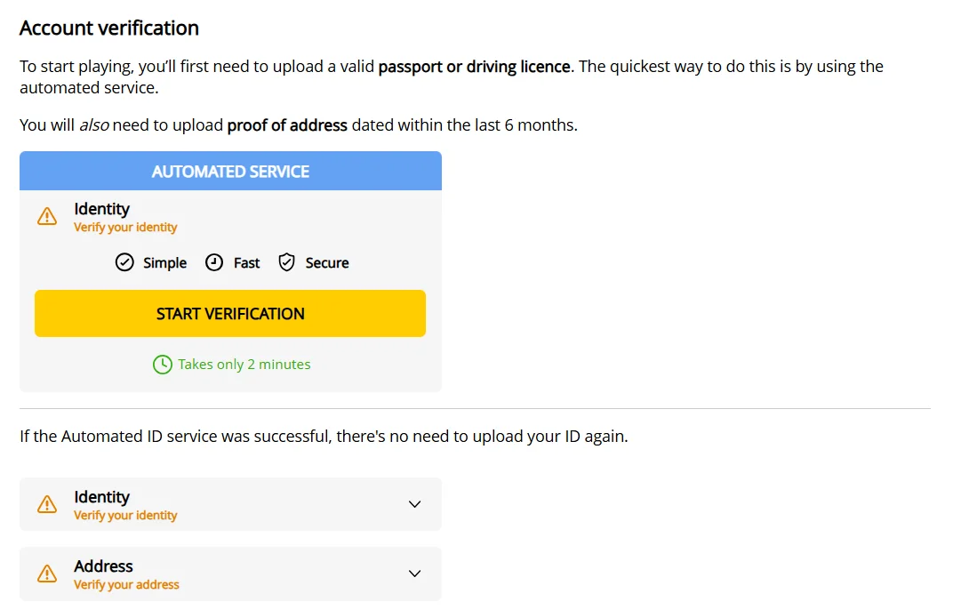 Admiral Casino account verification process