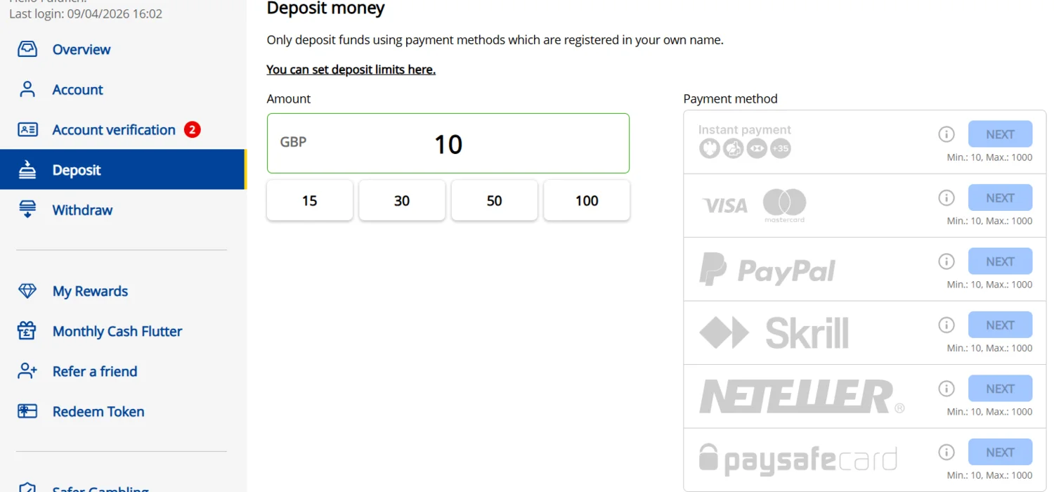 Admiral Casino deposit process