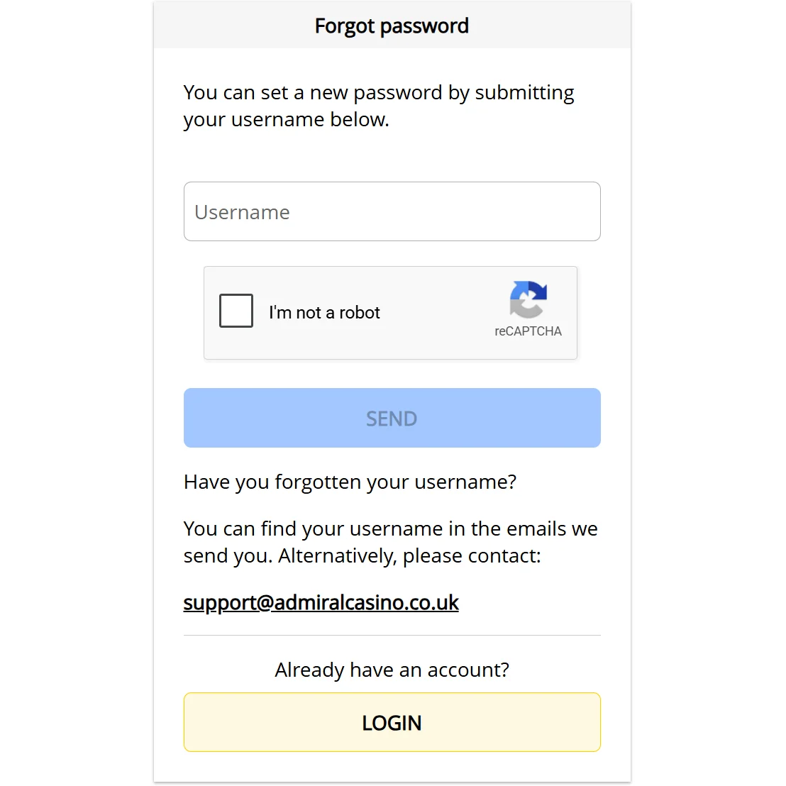 Admiral Casino forgot password screen