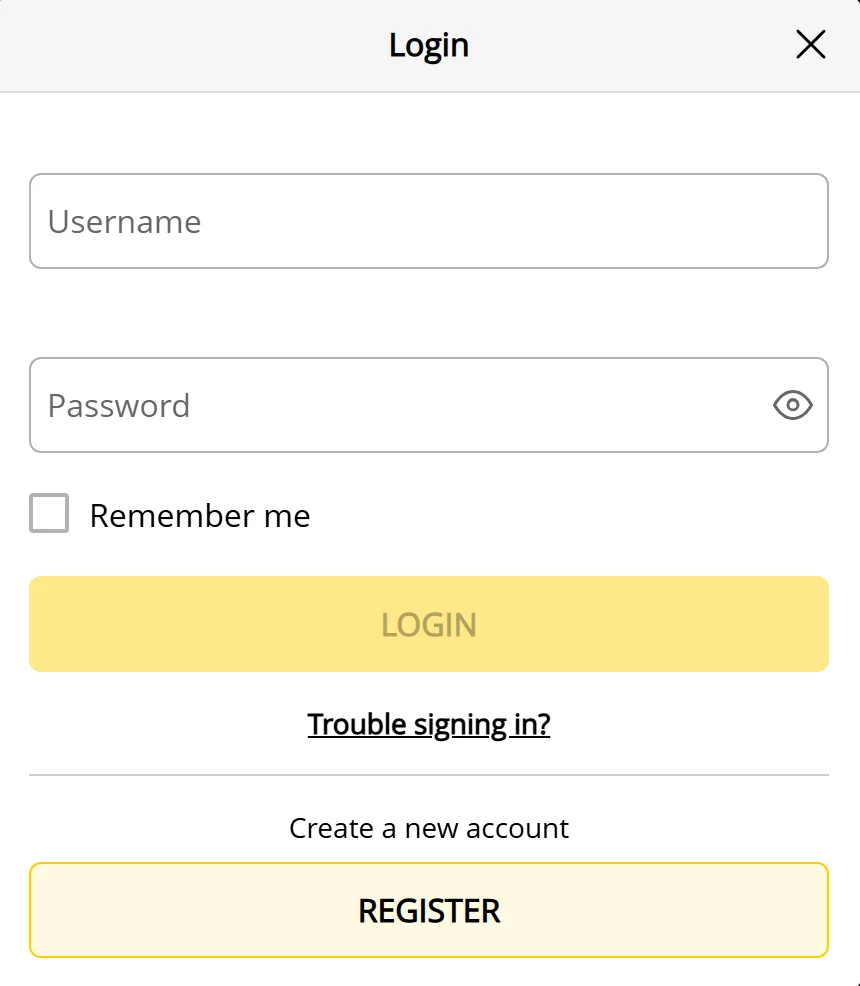 Admiral Casino login page
