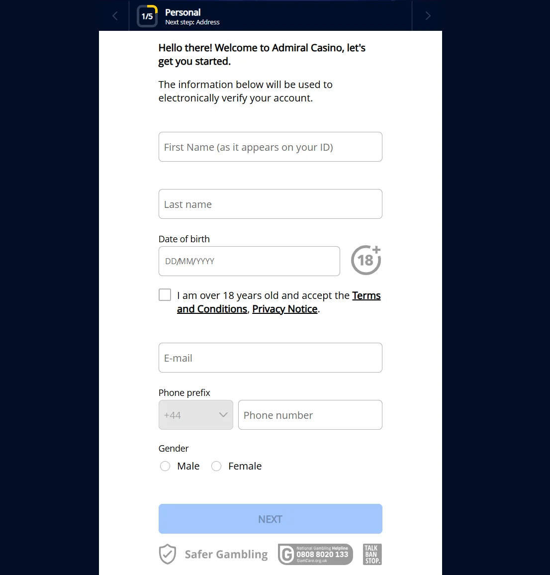 Admiral Casino new account registration