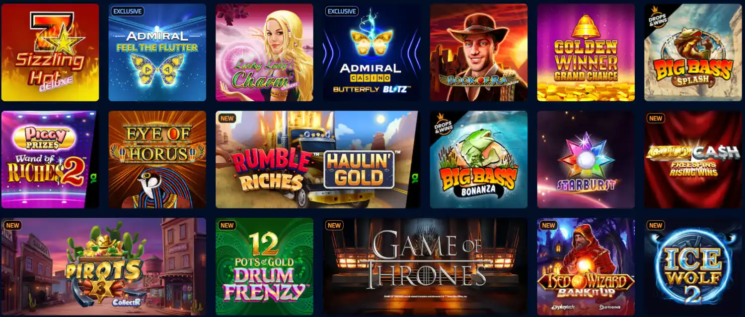 Admiral Casino slots and games after login